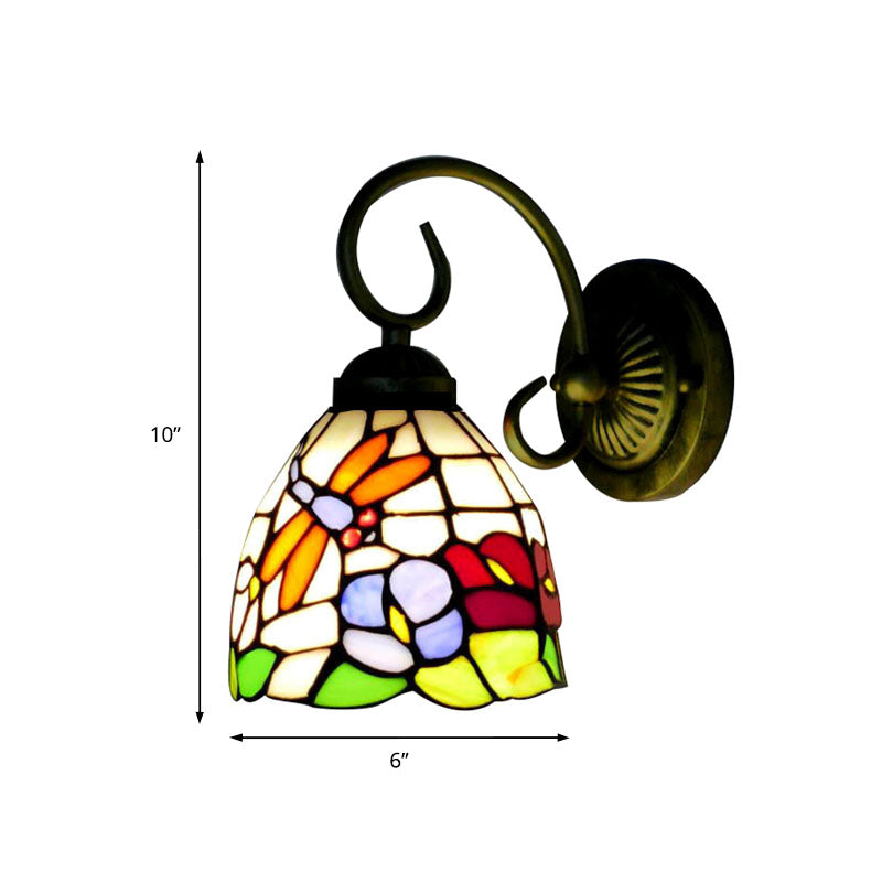 Lisslune | Rustic Dragonfly Wall Lamp with Curved Arm 1 Light Colored Glass Wall Lighting in Brass