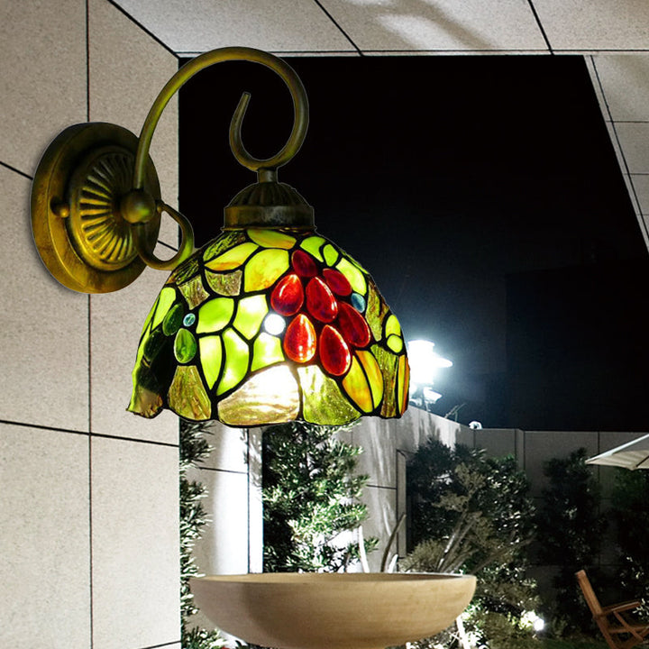 Lisslune | Light Green Glass Dome Wall Lamp Fixture Tiffany 1 Head Antique Bronze Wall Lamp with Arch/Curved Arm