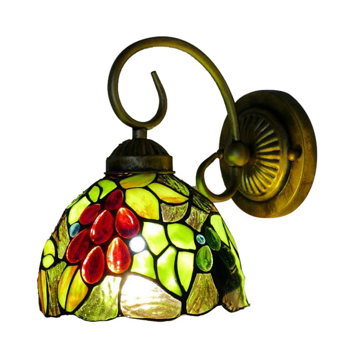 Lisslune | Light Green Glass Dome Wall Lamp Fixture Tiffany 1 Head Antique Bronze Wall Lamp with Arch/Curved Arm