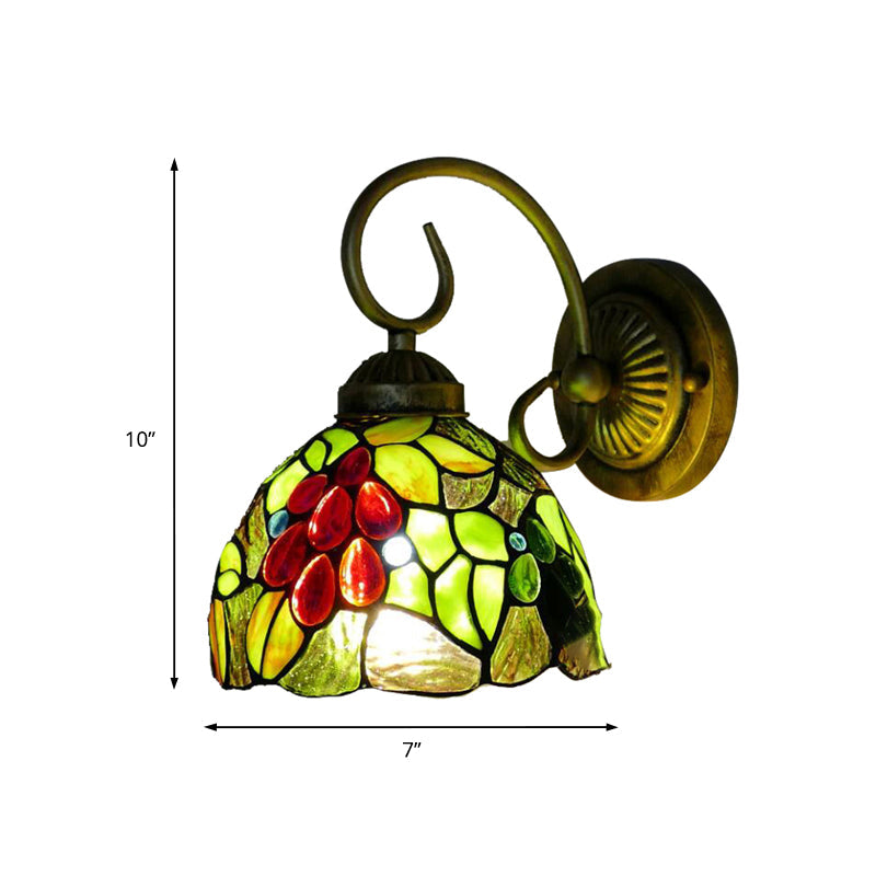 Lisslune | Light Green Glass Dome Wall Lamp Fixture Tiffany 1 Head Antique Bronze Wall Lamp with Arch/Curved Arm