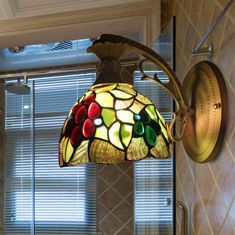 Lisslune | Light Green Glass Dome Wall Lamp Fixture Tiffany 1 Head Antique Bronze Wall Lamp with Arch/Curved Arm