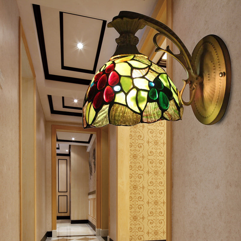 Lisslune | Light Green Glass Dome Wall Lamp Fixture Tiffany 1 Head Antique Bronze Wall Lamp with Arch/Curved Arm