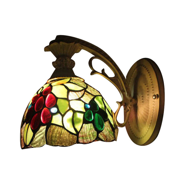 Lisslune | Light Green Glass Dome Wall Lamp Fixture Tiffany 1 Head Antique Bronze Wall Lamp with Arch/Curved Arm