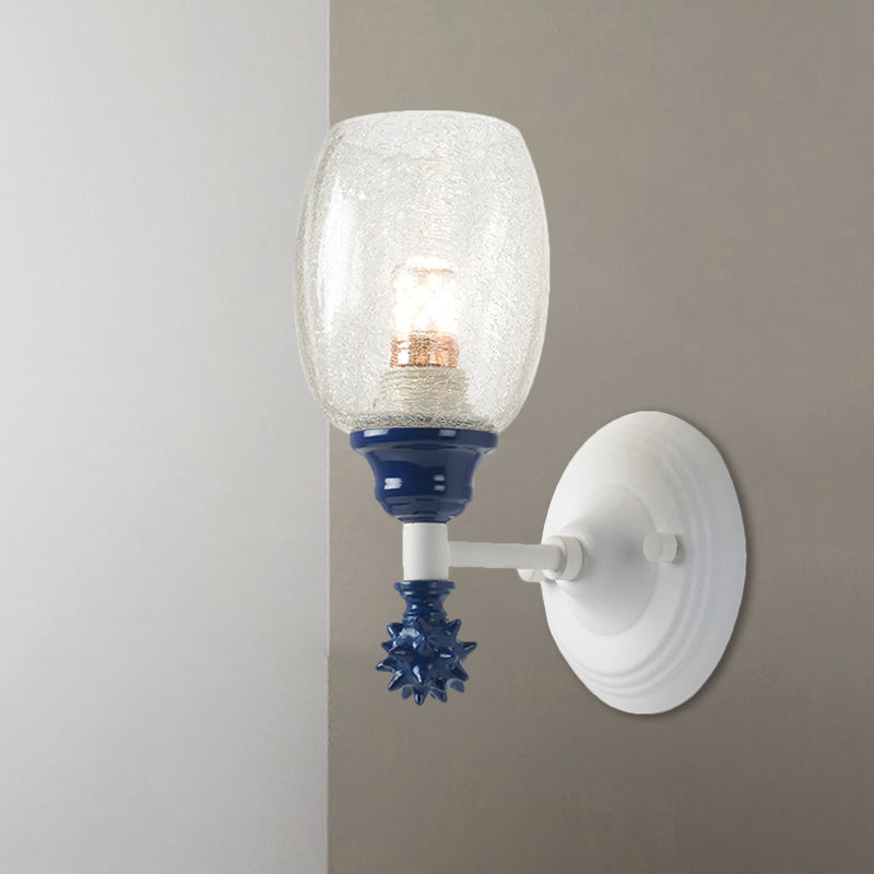 Skørter | 1/2-Bulb Bedside Wall Lamp Country Blue/Gold/Dark Blue Wall Lighting with Oval Clear Crackle Glass Shade
