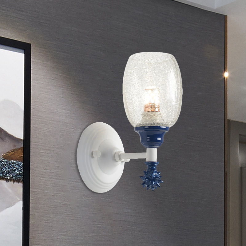 Skørter | 1/2-Bulb Bedside Wall Lamp Country Blue/Gold/Dark Blue Wall Lighting with Oval Clear Crackle Glass Shade