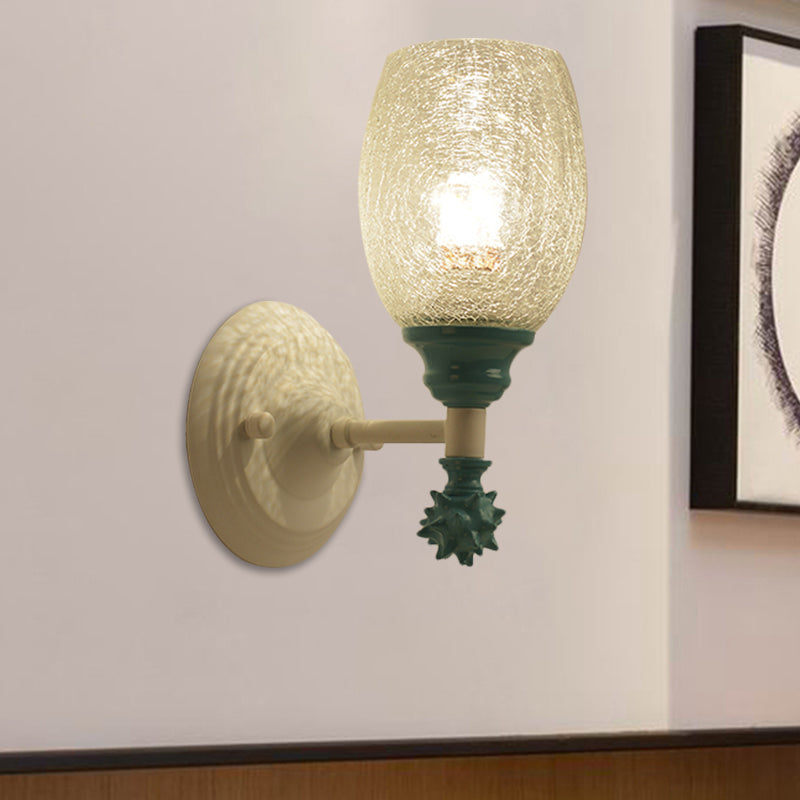 Skørter | 1/2-Bulb Bedside Wall Lamp Country Blue/Gold/Dark Blue Wall Lighting with Oval Clear Crackle Glass Shade
