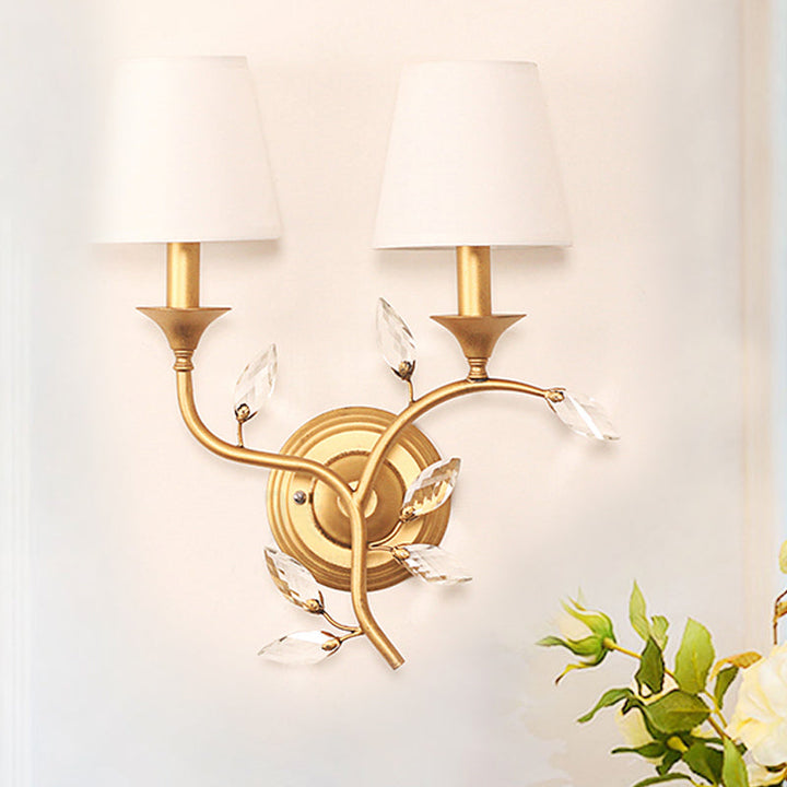 Lisslune | Leave Bevelled Crystal Wall Lamp Minimalism 2 Lights Black/Gold Wall Lighting Ideas with Conical Fabric Shade