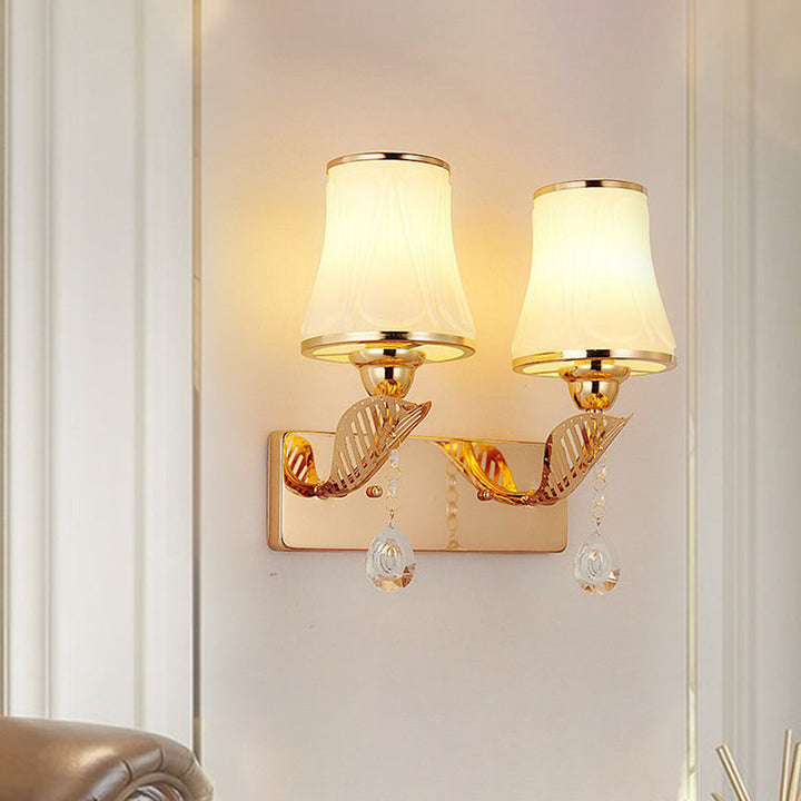 Lisslune | Bell Wall Mount Light Modernist Opal Glass 2-Head Gold Wall Lighting with Crystal Drop