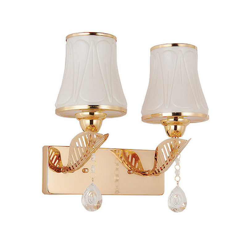 Lisslune | Bell Wall Mount Light Modernist Opal Glass 2-Head Gold Wall Lighting with Crystal Drop