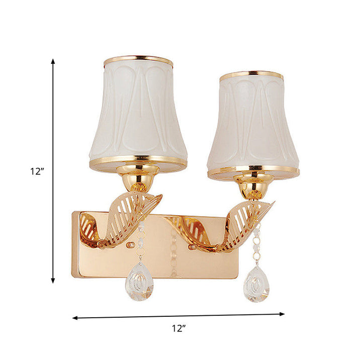 Lisslune | Bell Wall Mount Light Modernist Opal Glass 2-Head Gold Wall Lighting with Crystal Drop
