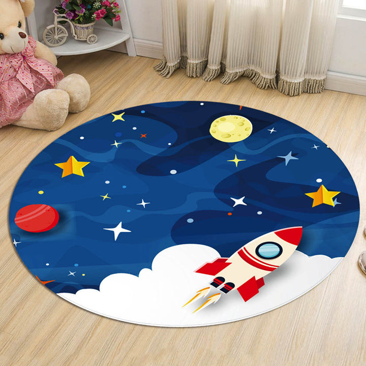 Lisslune | Dark Blue Children's Carpet Polyester Spaceships and Stars Pattern Carpet Pet Friendly Washable Nonslip Rug for Decoration