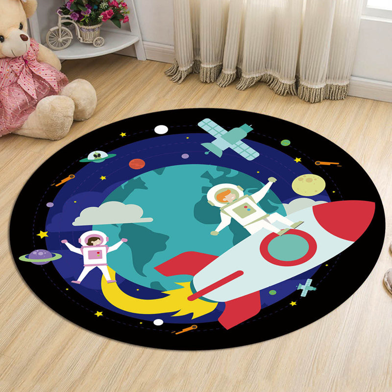 Lisslune | Dark Blue Children's Carpet Polyester Spaceships and Stars Pattern Carpet Pet Friendly Washable Nonslip Rug for Decoration