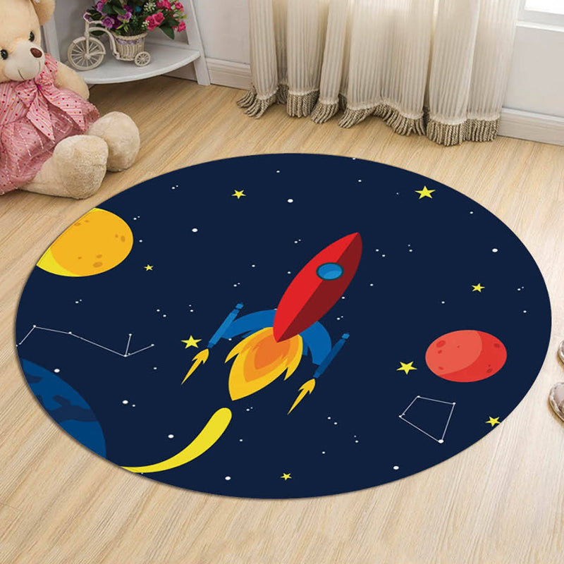 Lisslune | Dark Blue Children's Carpet Polyester Spaceships and Stars Pattern Carpet Pet Friendly Washable Nonslip Rug for Decoration