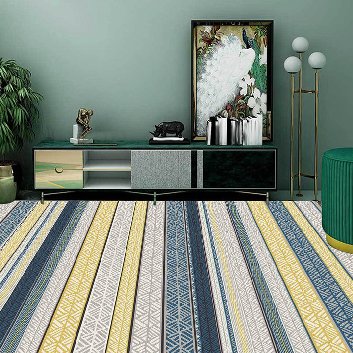 Lisslune | Stylish striped pattern carpet with flowers gray and yellow Bohemian carpet synthetic pet-friendly non-slip back washable carpet for the living room