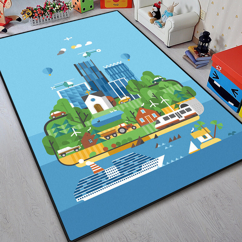 Lisslune | Unique island design rug with tree Blue and Green children's rug Polyester Wash Friendly for pets Non-slip rug for the children's room