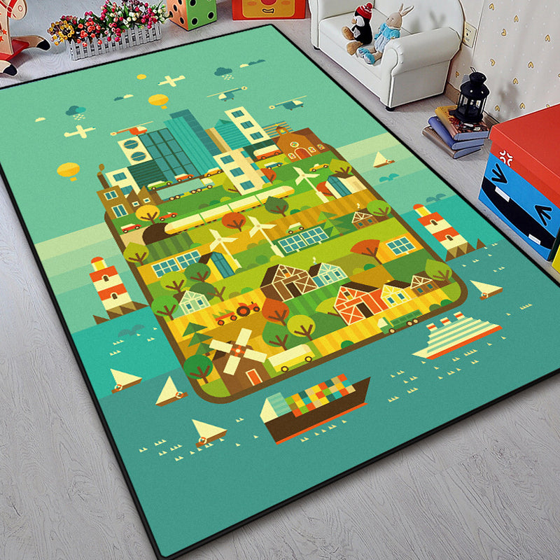 Lisslune | Unique island design rug with tree Blue and Green children's rug Polyester Wash Friendly for pets Non-slip rug for the children's room
