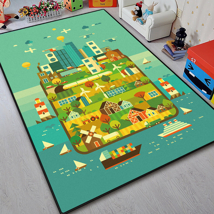 Lisslune | Unique island design rug with tree Blue and Green children's rug Polyester Wash Friendly for pets Non-slip rug for the children's room