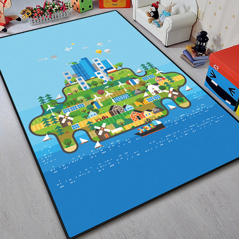 Lisslune | Unique island design rug with tree Blue and Green children's rug Polyester Wash Friendly for pets Non-slip rug for the children's room