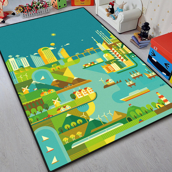 Lisslune | Unique island design rug with tree Blue and Green children's rug Polyester Wash Friendly for pets Non-slip rug for the children's room