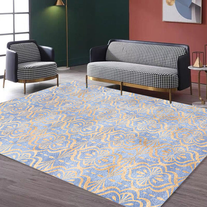 Lisslune | Retro Tribal geometric pattern rug Brown and Blue rug Polyester washable pet-friendly non-slip rug for living room