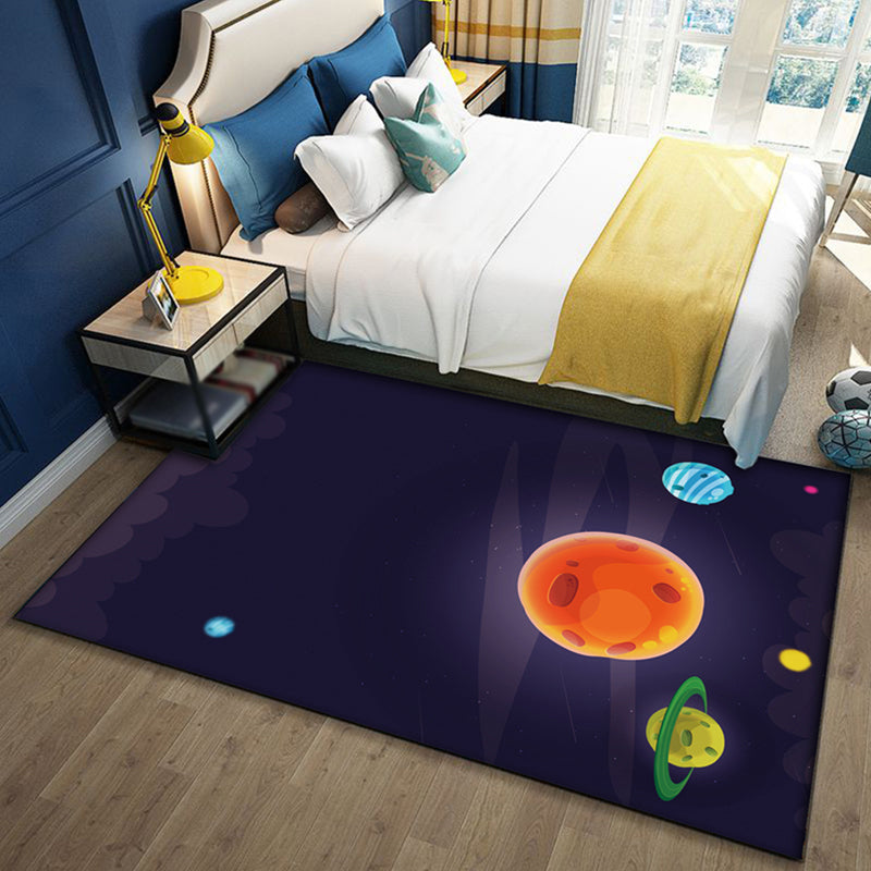 Lisslune | Kids Space Pattern Rug with Spaceship Multicolor Polyester Rug Washable Pet Friendly Non-Slip Rug for the Children's Room