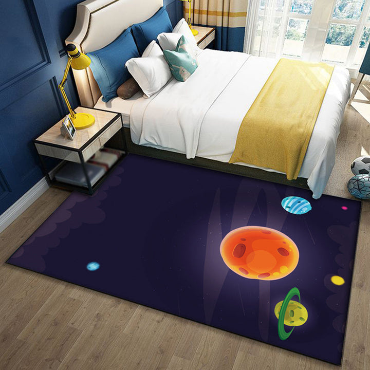 Lisslune | Kids Space Pattern Rug with Spaceship Multicolor Polyester Rug Washable Pet Friendly Non-Slip Rug for the Children's Room