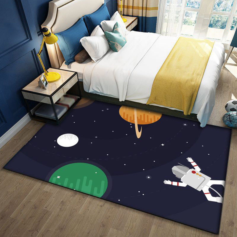 Lisslune | Kids Space Pattern Rug with Spaceship Multicolor Polyester Rug Washable Pet Friendly Non-Slip Rug for the Children's Room