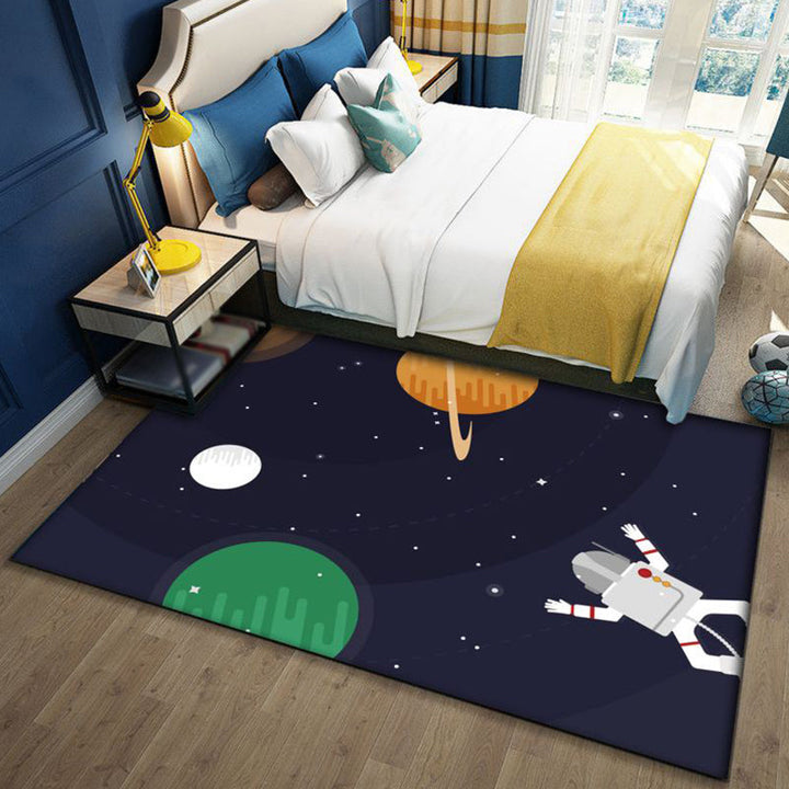 Lisslune | Kids Space Pattern Rug with Spaceship Multicolor Polyester Rug Washable Pet Friendly Non-Slip Rug for the Children's Room