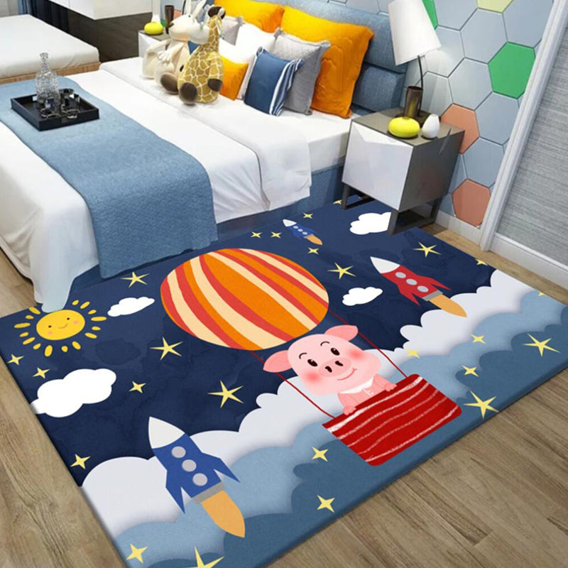 Lisslune | Kids Space Pattern Rug with Spaceship Multicolor Polyester Rug Washable Pet Friendly Non-Slip Rug for the Children's Room