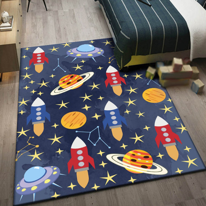 Lisslune | Kids Space Pattern Rug with Spaceship Multicolor Polyester Rug Washable Pet Friendly Non-Slip Rug for the Children's Room