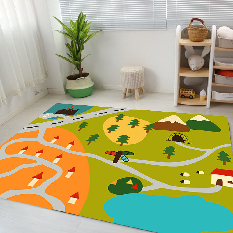 Lisslune | Kids Map Pattern Rug Green Polyester Rug Washable Pet-Friendly Non-Slip Area Rug for the Children's Room