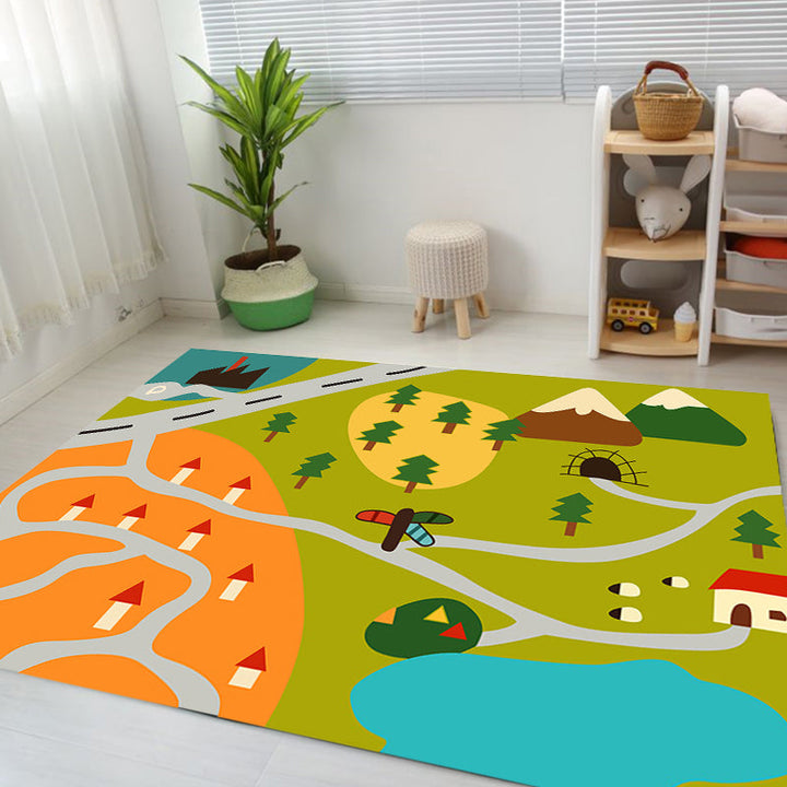 Lisslune | Kids Map Pattern Rug Green Polyester Rug Washable Pet-Friendly Non-Slip Area Rug for the Children's Room