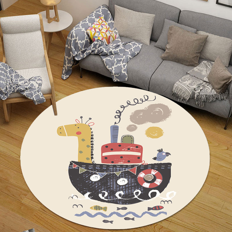 Lisslune | Kids Ship Pattern Rug Beige and Orange Polyester Rug Washable Pet-Friendly Non-Slip Rug for the Children's Room