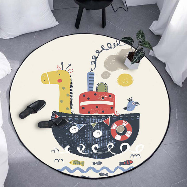 Lisslune | Kids Ship Pattern Rug Beige and Orange Polyester Rug Washable Pet-Friendly Non-Slip Rug for the Children's Room