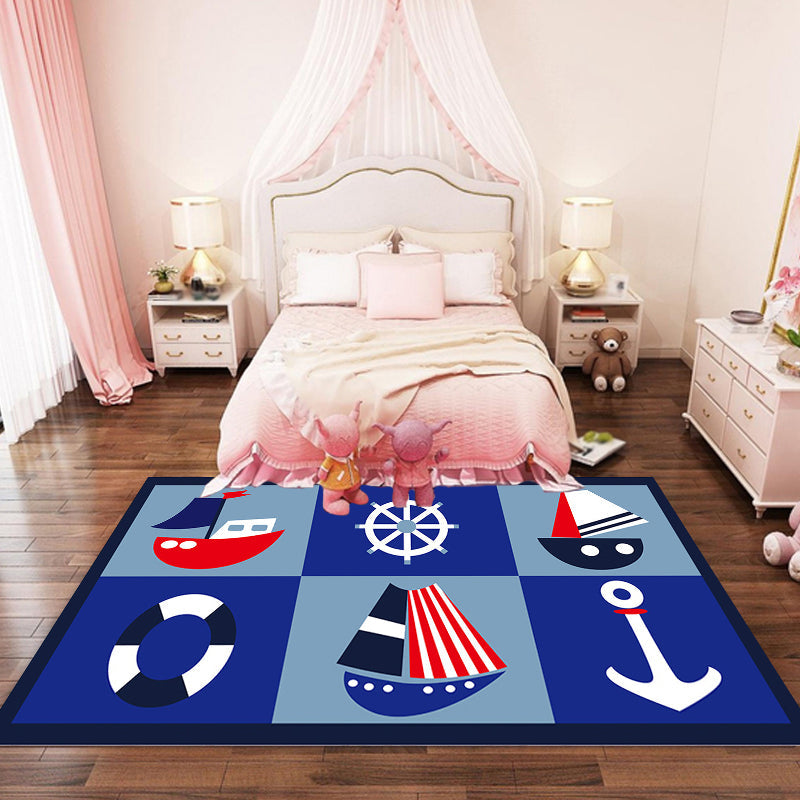 Lisslune | Children's ship pattern carpet with anchor Blue Polyester Carpet Washable Pet-friendly Non-slip Carpet for the nursery