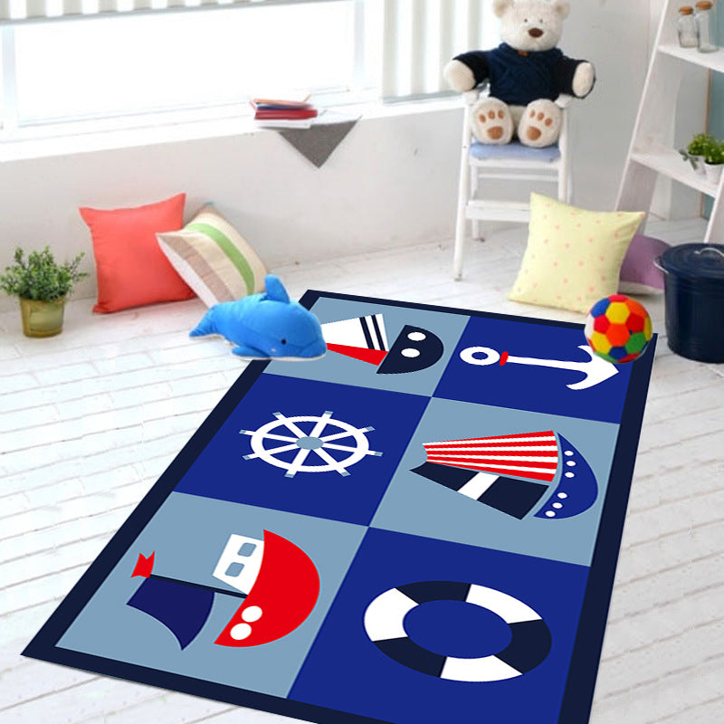 Lisslune | Children's ship pattern carpet with anchor Blue Polyester Carpet Washable Pet-friendly Non-slip Carpet for the nursery