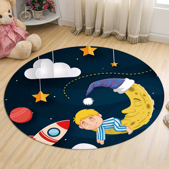 Lisslune | Unique Spaceship Pattern Rug with Planet Black and Red Children's Rug Polyester Washable Pet Friendly Non-Slip Rug for the Children's Room