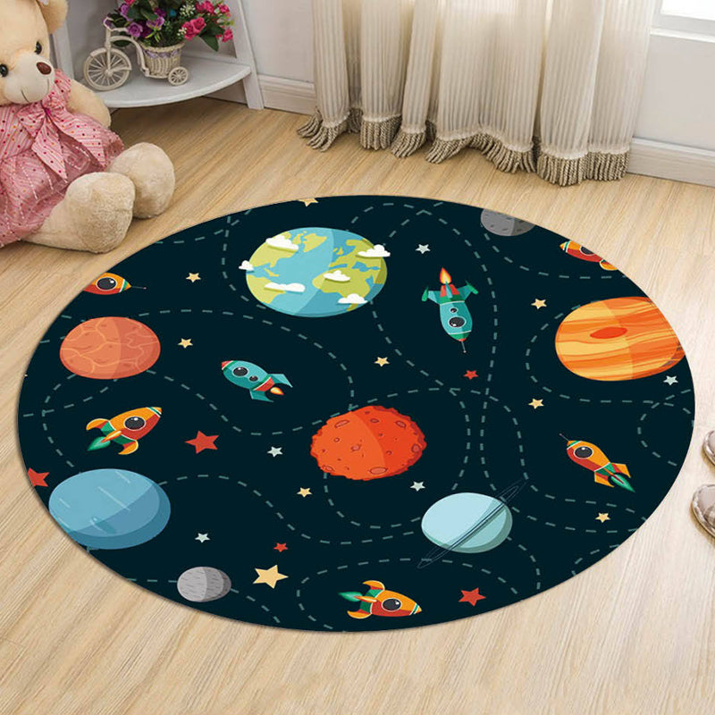 Lisslune | Unique Spaceship Pattern Rug with Planet Black and Red Children's Rug Polyester Washable Pet Friendly Non-Slip Rug for the Children's Room