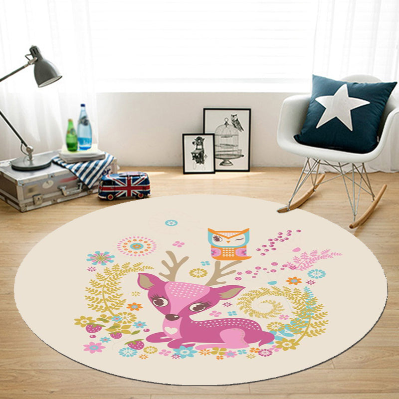 Lisslune | Beautiful Cartoon Animal Pattern Rug Beige and Red Kids Rug Polyester Pet-Friendly Washable Area Rug for the Children's Room