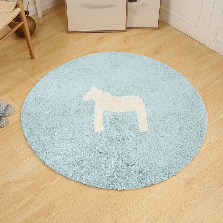 Lisslune | Children's horse pattern rug Blue and Khaki Cotton rug Washable Pet-friendly Non-slip rug for the children's room