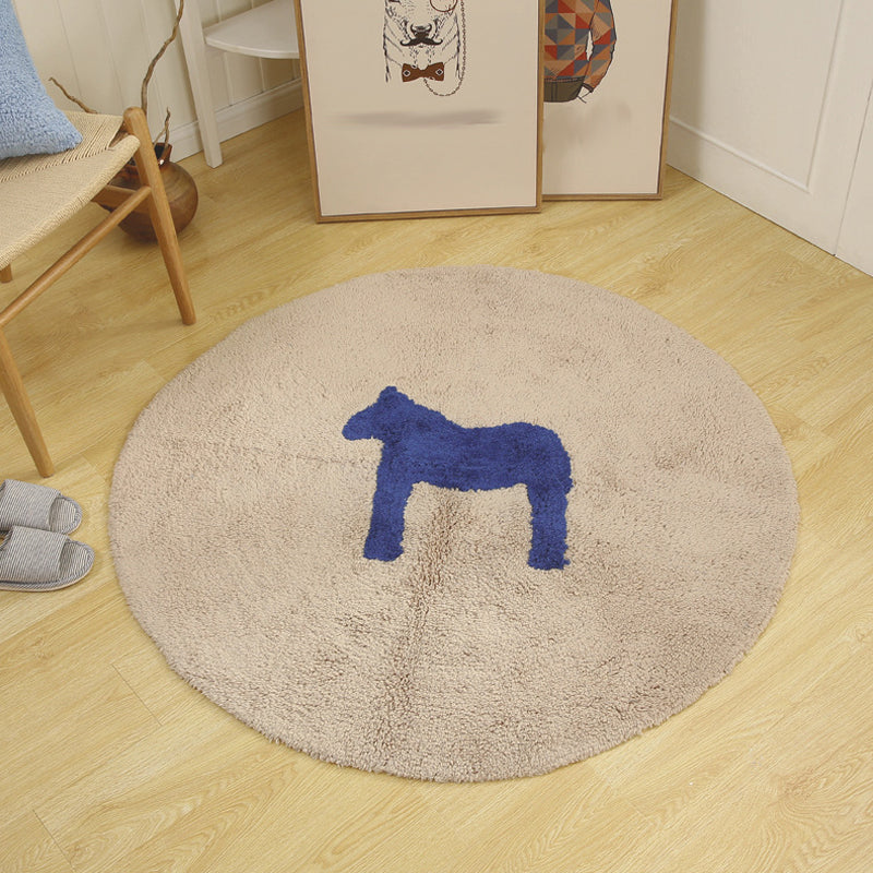 Lisslune | Children's horse pattern rug Blue and Khaki Cotton rug Washable Pet-friendly Non-slip rug for the children's room