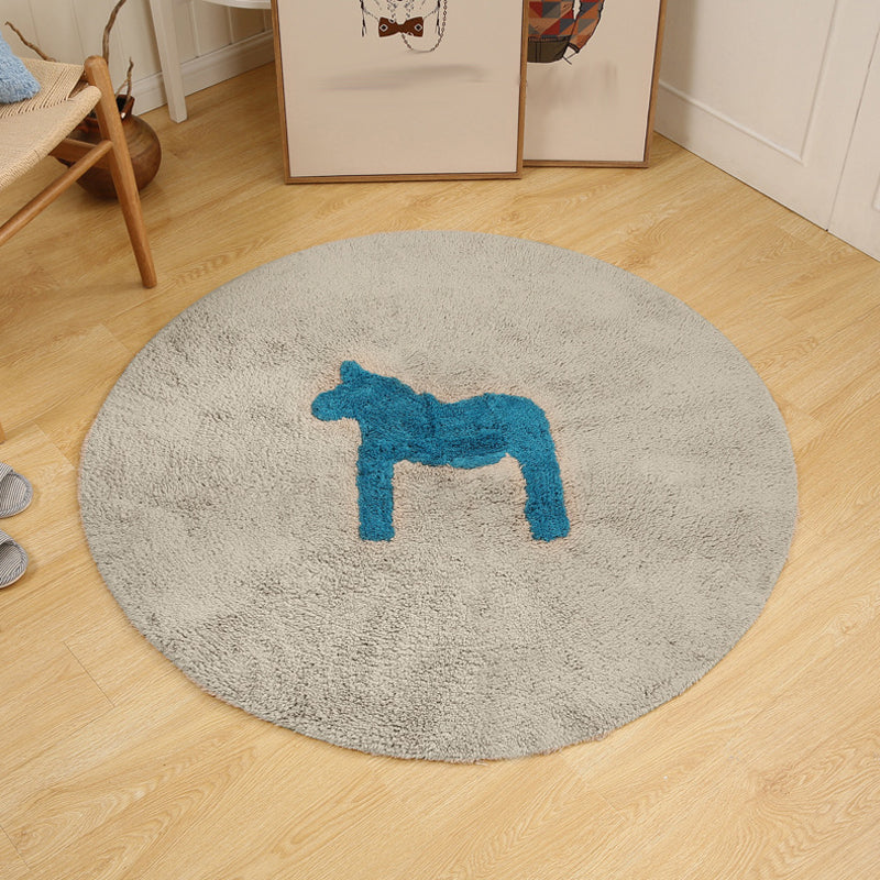 Lisslune | Children's horse pattern rug Blue and Khaki Cotton rug Washable Pet-friendly Non-slip rug for the children's room