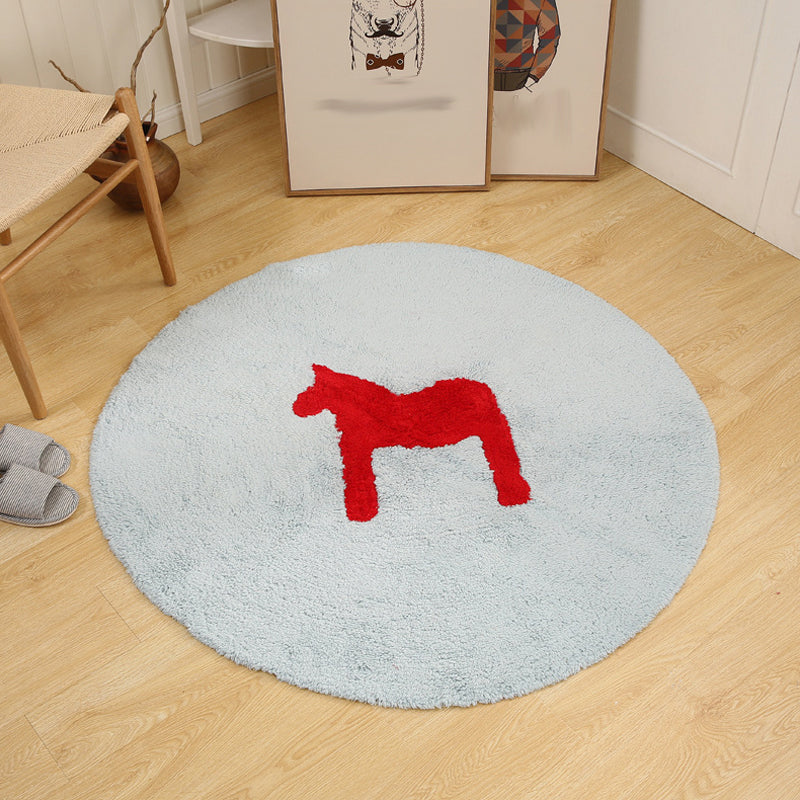 Lisslune | Children's horse pattern rug Blue and Khaki Cotton rug Washable Pet-friendly Non-slip rug for the children's room