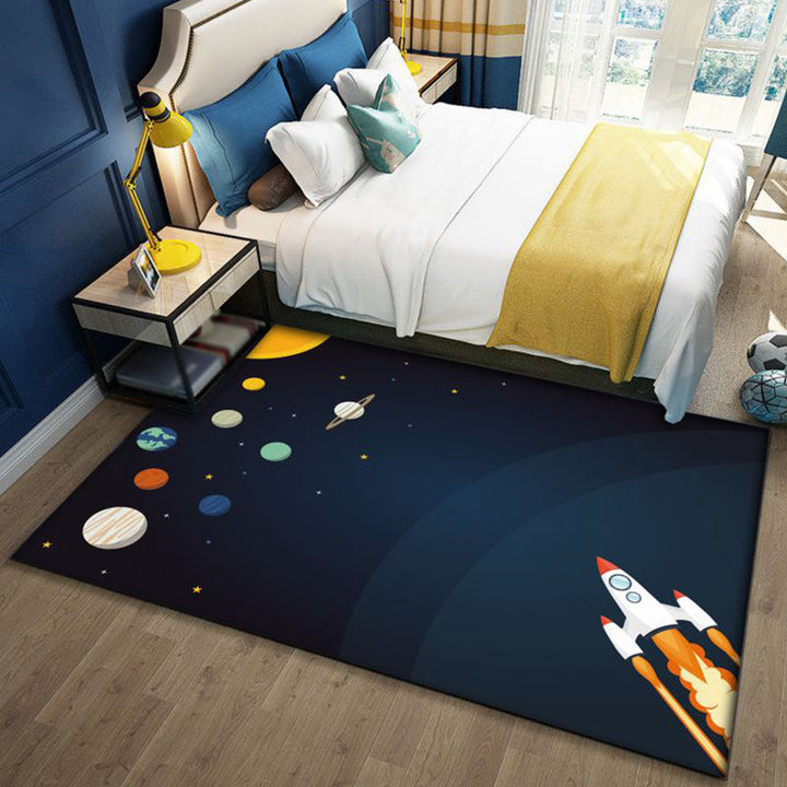 Lisslune | Stylish Outer Space Pattern Rug Blue and Black Children's Rug Polyester Washable Pet-Friendly Non-Slip Rug for the Children's Room