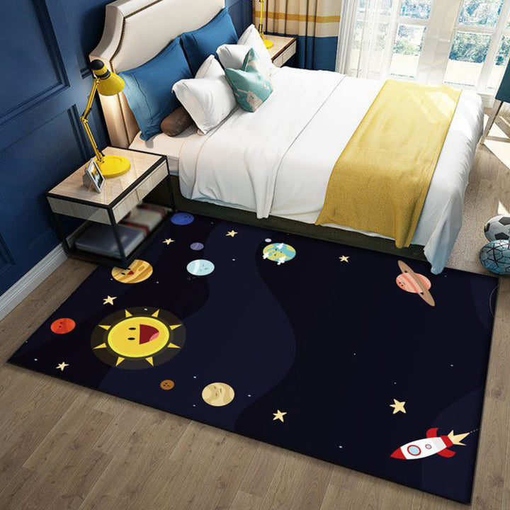 Lisslune | Stylish Outer Space Pattern Rug Blue and Black Children's Rug Polyester Washable Pet-Friendly Non-Slip Rug for the Children's Room