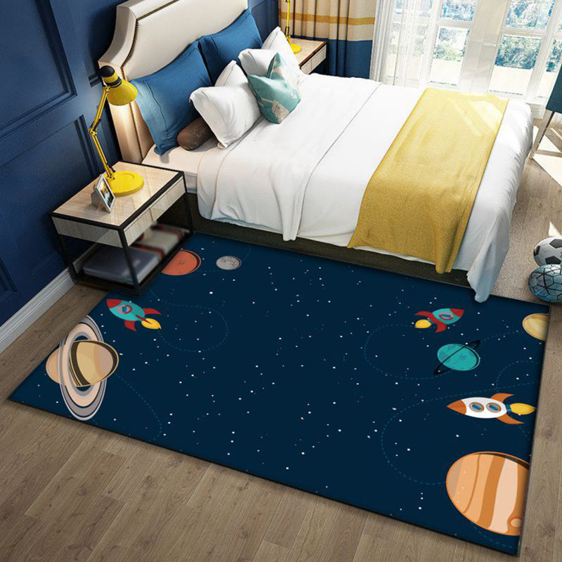 Lisslune | Stylish Outer Space Pattern Rug Blue and Black Children's Rug Polyester Washable Pet-Friendly Non-Slip Rug for the Children's Room