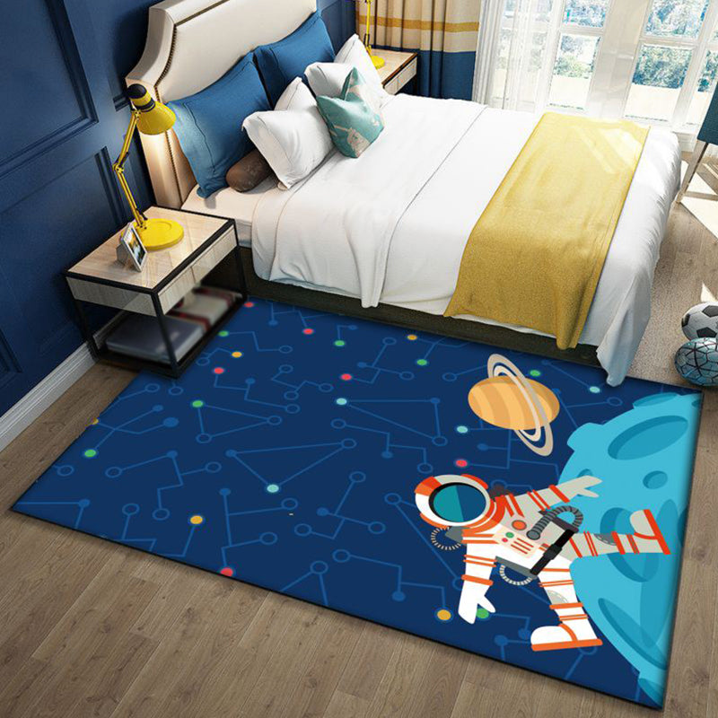 Lisslune | Stylish Outer Space Pattern Rug Blue and Black Children's Rug Polyester Washable Pet-Friendly Non-Slip Rug for the Children's Room