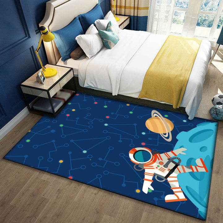 Lisslune | Stylish Outer Space Pattern Rug Blue and Black Children's Rug Polyester Washable Pet-Friendly Non-Slip Rug for the Children's Room