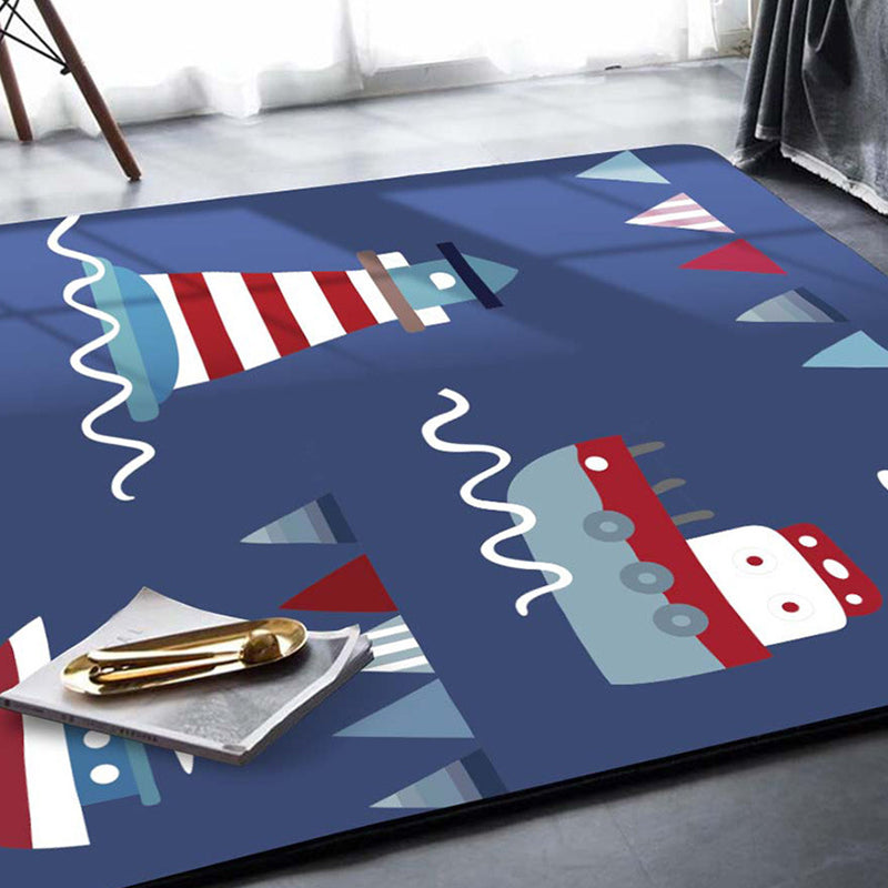 Lisslune | Blue Children's Carpet Polyester Lantern and Ship Pattern Carpet Pet Friendly Washable Non-Slip Backing Carpet for Decoration