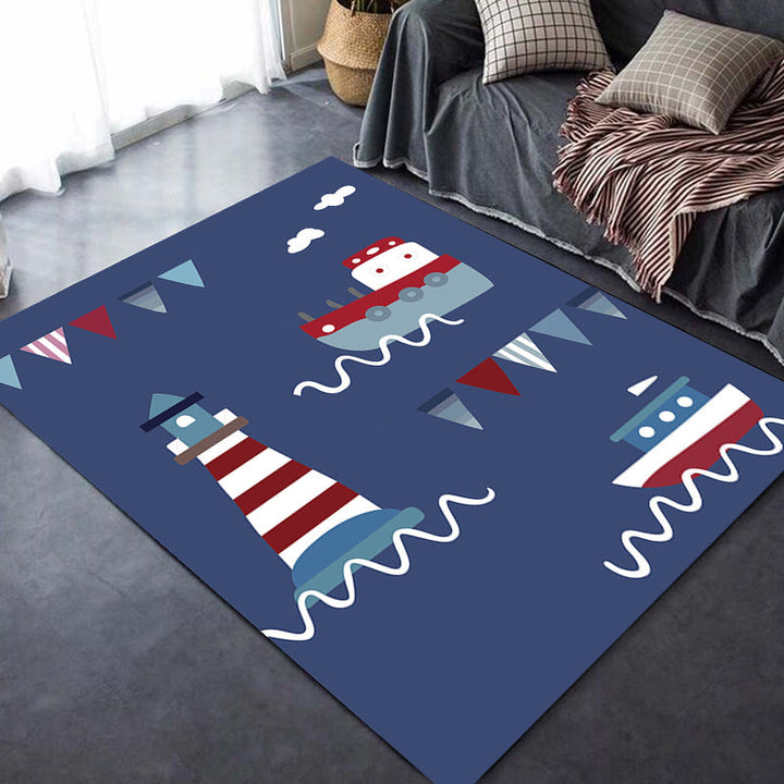 Lisslune | Blue Children's Carpet Polyester Lantern and Ship Pattern Carpet Pet Friendly Washable Non-Slip Backing Carpet for Decoration